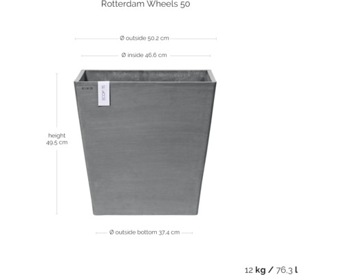 Grauer Pflanzkübel Rotterdam Wheels 50 mit den Maßen Höhe 49,5 cm, Durchmesser oben außen 50,2 cm, Durchmesser oben innen 46,6 cm und Durchmesser unten außen 37,4 cm.