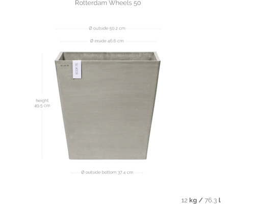 Rotterdam Wheels 50 Pflanzgefäß mit Größenangaben