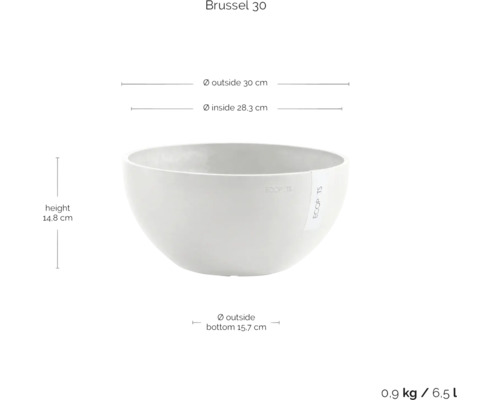 Brüssel 30 Pflanzgefäß mit den Maßen Außendurchmesser 30 cm, Innendurchmesser 28,3 cm, Höhe 14,8 cm und Bodendurchmesser 15,7 cm