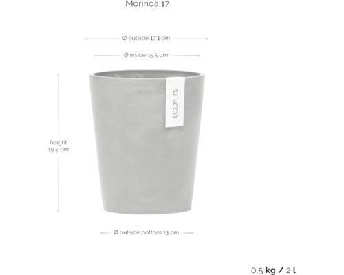 Morinda 17 Pflanzgefäß mit den Maßen Höhe 19,5 cm, Außendurchmesser 17,1 cm, Innendurchmesser 15,5 cm und Außendurchmesser unten 13 cm