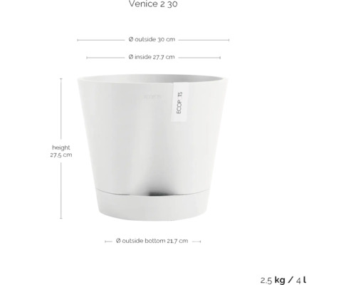 Pot de fleurs Venice 2 30 avec les dimensions hauteur 27,5 cm, diamètre extérieur 30 cm, diamètre intérieur 27,7 cm et diamètre extérieur inférieur 21,7 cm