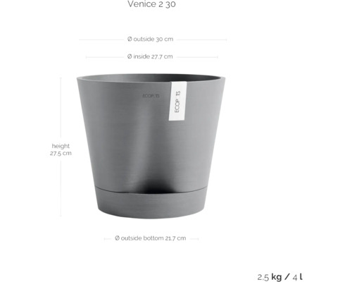 Grauer Pflanztopf mit Größenangaben