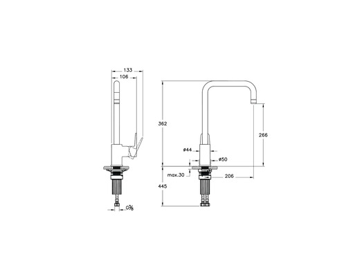 Dessin technique d''un robinet de cuisine avec dimensions