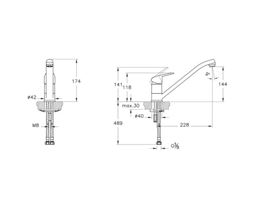 Dessin technique d''un robinet de cuisine avec indications de dimensions