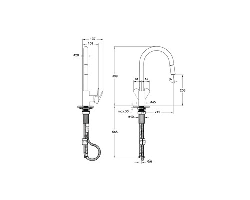Schéma technique d''un robinet de cuisine avec dimensions