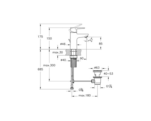 Technische Zeichnung einer Armatur mit Maßangaben