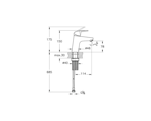 Technische Zeichnung einer Armatur mit Maßangaben