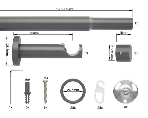 Set de tringle à rideaux avec accessoires de montage et dimensions