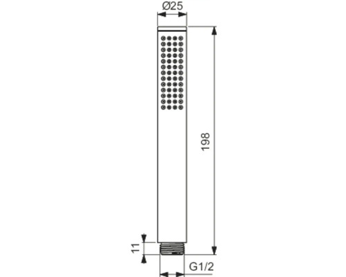 Technische Zeichnung einer Handbrause mit Maßangaben