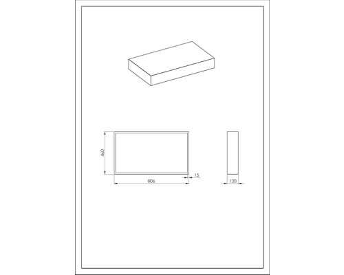 Technische Zeichnung eines Spiegels mit den Maßen 806 x 460 x 120 mm