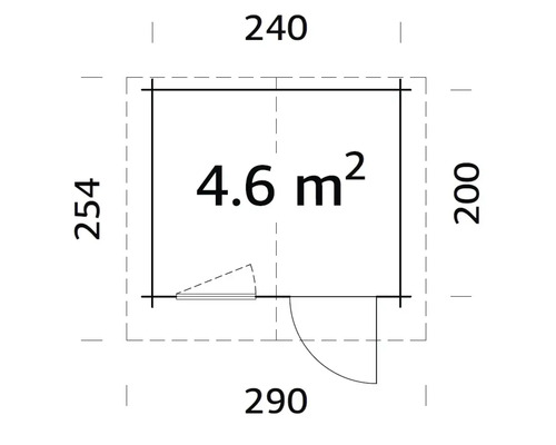 Grundrisszeichnung eines Gartenhauses mit den Maßen 240 mal 290 Zentimeter, einer Höhe von 254 Zentimetern und einer Fläche von 4,6 Quadratmetern