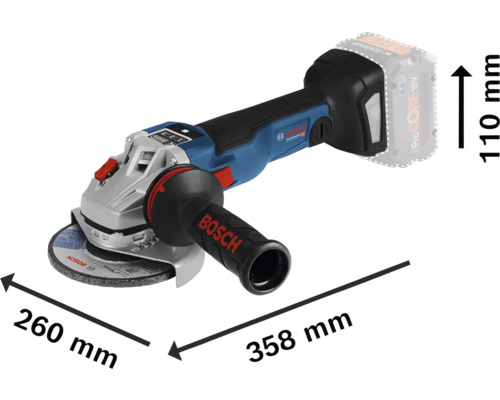 Bosch Akku-Winkelschleifer mit den Maßen 260 mm, 358 mm und 110 mm.
