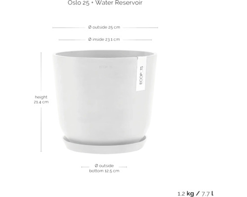 Oslo 25 Pflanztopf mit Wasserreservoir und den Maßen Höhe 21,4 cm, Außendurchmesser 25 cm, Innendurchmesser 23,1 cm, Außendurchmesser Boden 12,5 cm