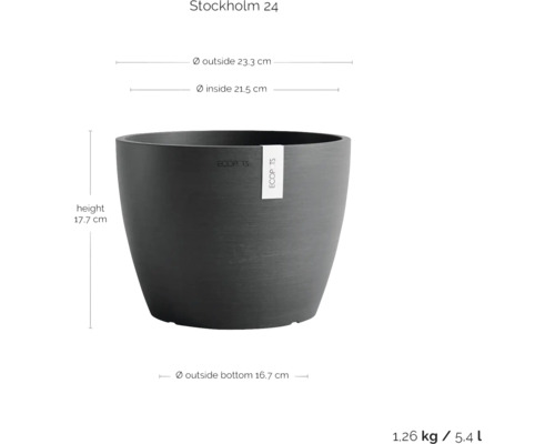Stockholm 24 Blumentopf mit den Maßen Höhe 17,7 cm, Außendurchmesser 23,3 cm und Innendurchmesser 21,5 cm