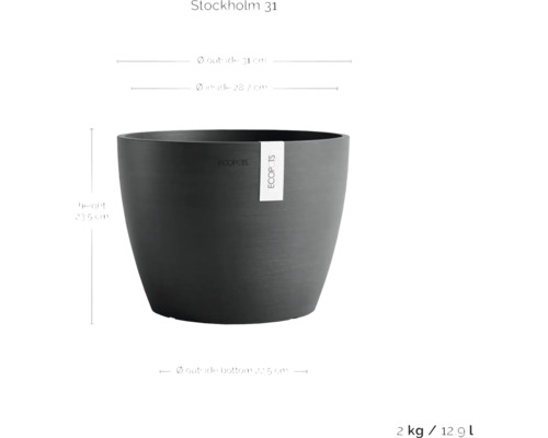 Stockholm 31 Pflanzgefäß mit den Maßen Außendurchmesser 31 Zentimeter, Innendurchmesser 28,7 Zentimeter und Höhe 23,5 Zentimeter