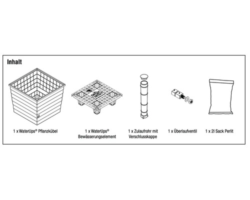 Inhalt: WaterUps Pflanzkübel, Bewässerungselement, Zulaufrohr mit Verschlusskappe, Überlaufventil, 2 Liter Sack Perlit