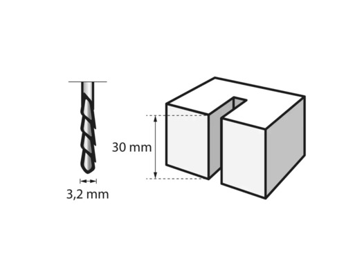 Schéma d''un foret de 3,2 millimètres et d''une pièce de bois de 30 millimètres