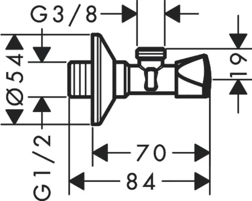 Technische Zeichnung eines Eckregulierventils mit Maßen