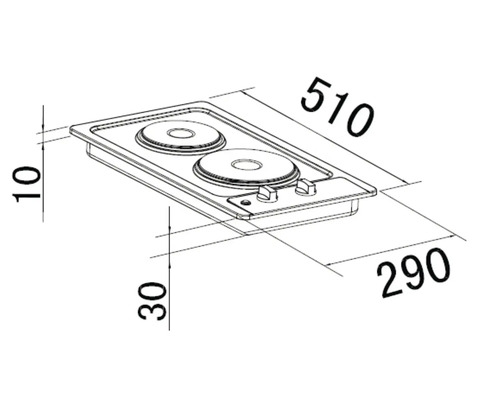 Zeichnung eines Kochfeldes mit zwei Kochstellen und Maßangaben