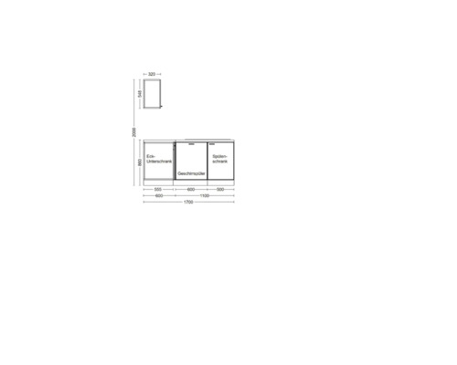 Schéma d''une kitchenette avec meuble bas d''angle, lave-vaisselle et meuble évier avec dimensions