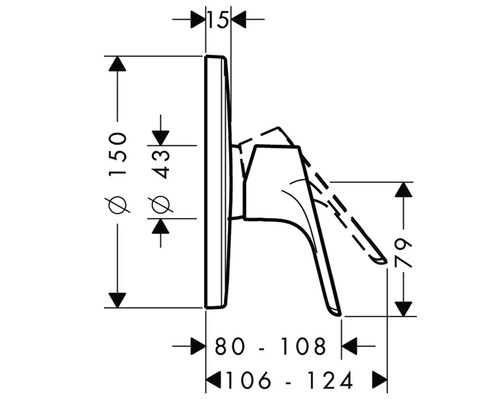 Technische Zeichnung einer Armatur mit Maßangaben