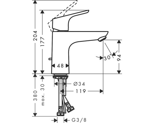 Technische Zeichnung einer Armatur mit Maßangaben.