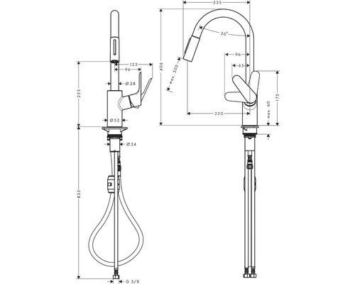 Technische Zeichnung einer Küchenarmatur mit Maßen