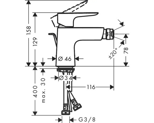Technische Zeichnung einer Armatur mit Maßangaben