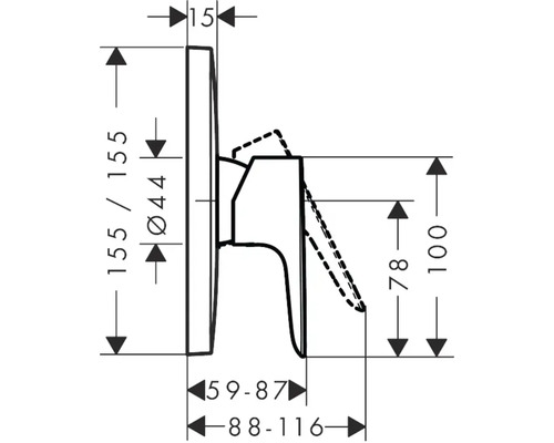 Technische Zeichnung eines Wasserhahns mit Maßangaben.