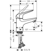 Schéma technique d''un robinet de lavabo avec indications de mesure