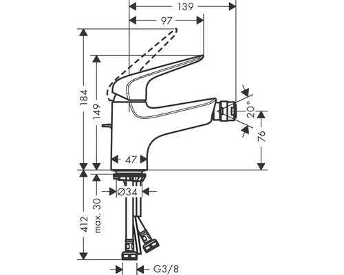Technische Zeichnung einer Armatur mit Maßen