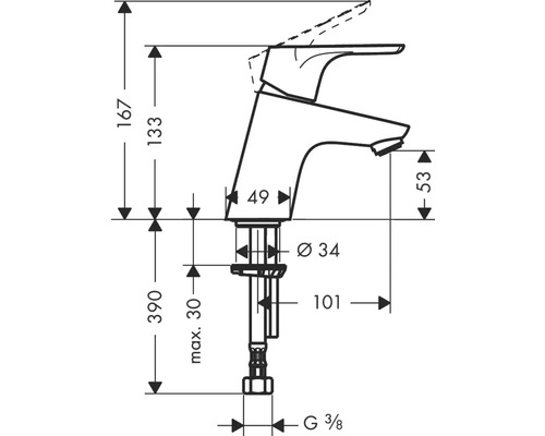 Technische Zeichnung einer Armatur mit Maßangaben