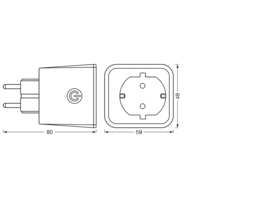 Zeichnung eines Smart-Home-Zwischensteckers mit Maßangaben