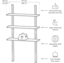 Illustration eines Regalsystems mit verzinkten Stahlträgern und Schienen, stahlverstärkten Böden und verstellbarer Höhe