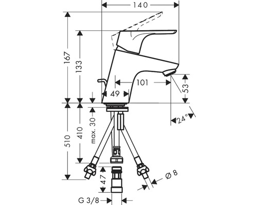 Schéma coté d''un robinet avec indication des dimensions du produit.