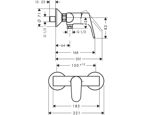 Maßzeichnung einer Armatur mit den zugehörigen Maßen