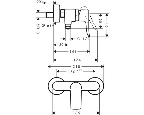 Technische Zeichnung einer Armatur mit Maßangaben