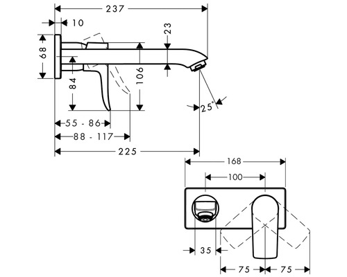 Masszeichnung einer Armatur mit verschiedenen Abmessungen.