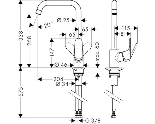 Dessin technique d''un robinet avec indications de mesure