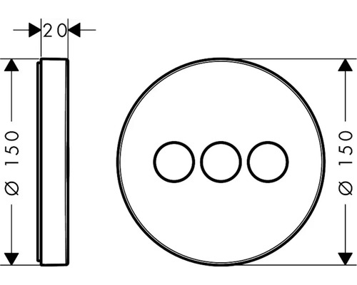 Technische Zeichnung eines runden Duschkopfes mit drei Düsen, Durchmesser 150 Millimeter, Tiefe 20 Millimeter