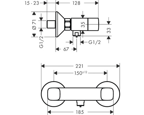 Technische Zeichnung einer Armatur mit Maßangaben