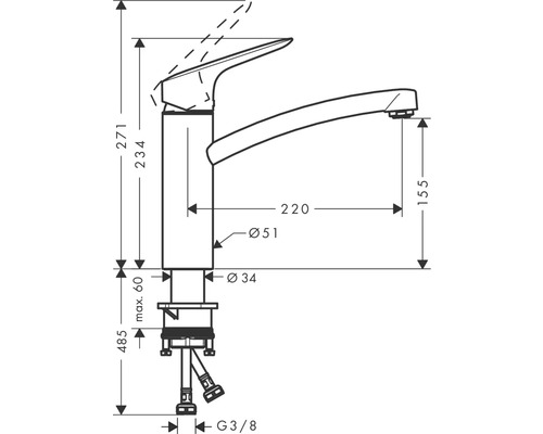 Technische Zeichnung einer Küchenarmatur mit Maßangaben
