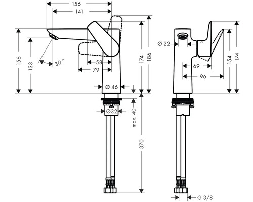 Schéma technique d''un robinet avec dimensions