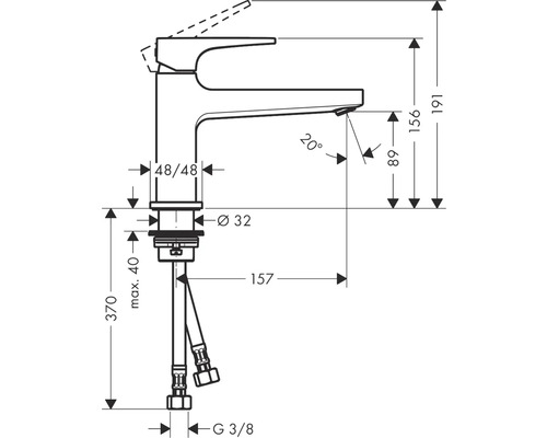 Schéma technique d''un robinet de lavabo avec dimensions