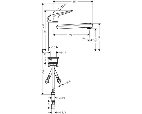 Schéma technique d''un robinet avec indications de dimensions.