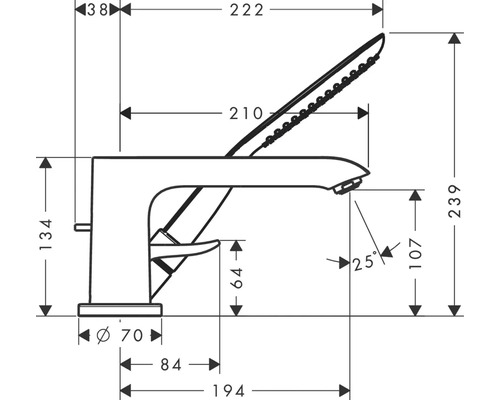 Dessin coté d''un robinet de lavabo avec les dimensions hauteur 239 mm, portée 222 mm