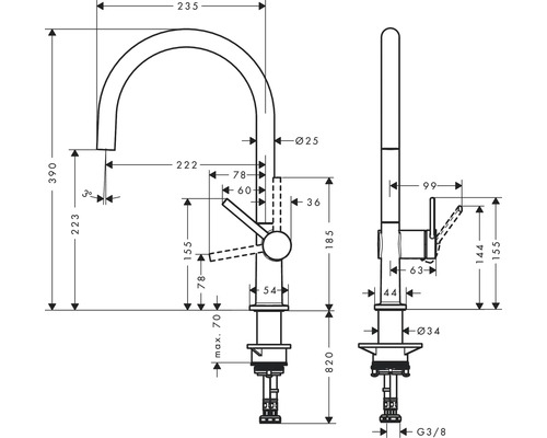 Schéma technique d''un robinet avec dimensions.