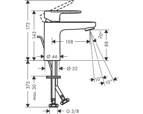 Schéma coté d''un robinet avec les dimensions 173, 143, 108, 88, 46 de diamètre et 32 de diamètre