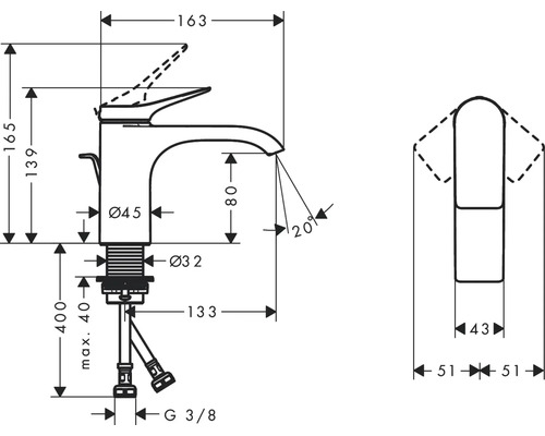 Technische Zeichnung einer Armatur mit Maßangaben