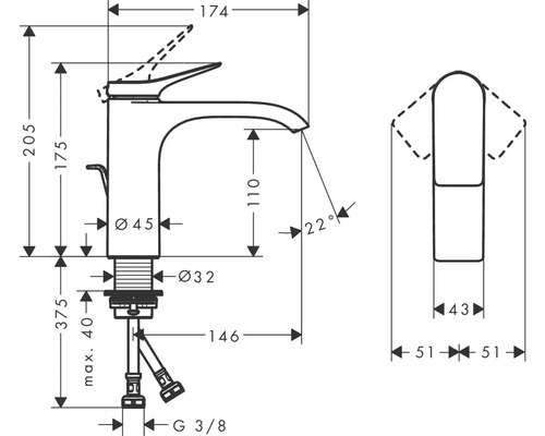 Technische Zeichnung einer Armatur mit Maßangaben